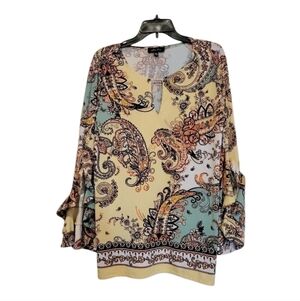Melissa Paige tunic top, big ruffled sleeves, green, yellow paisley pattern SZ L
